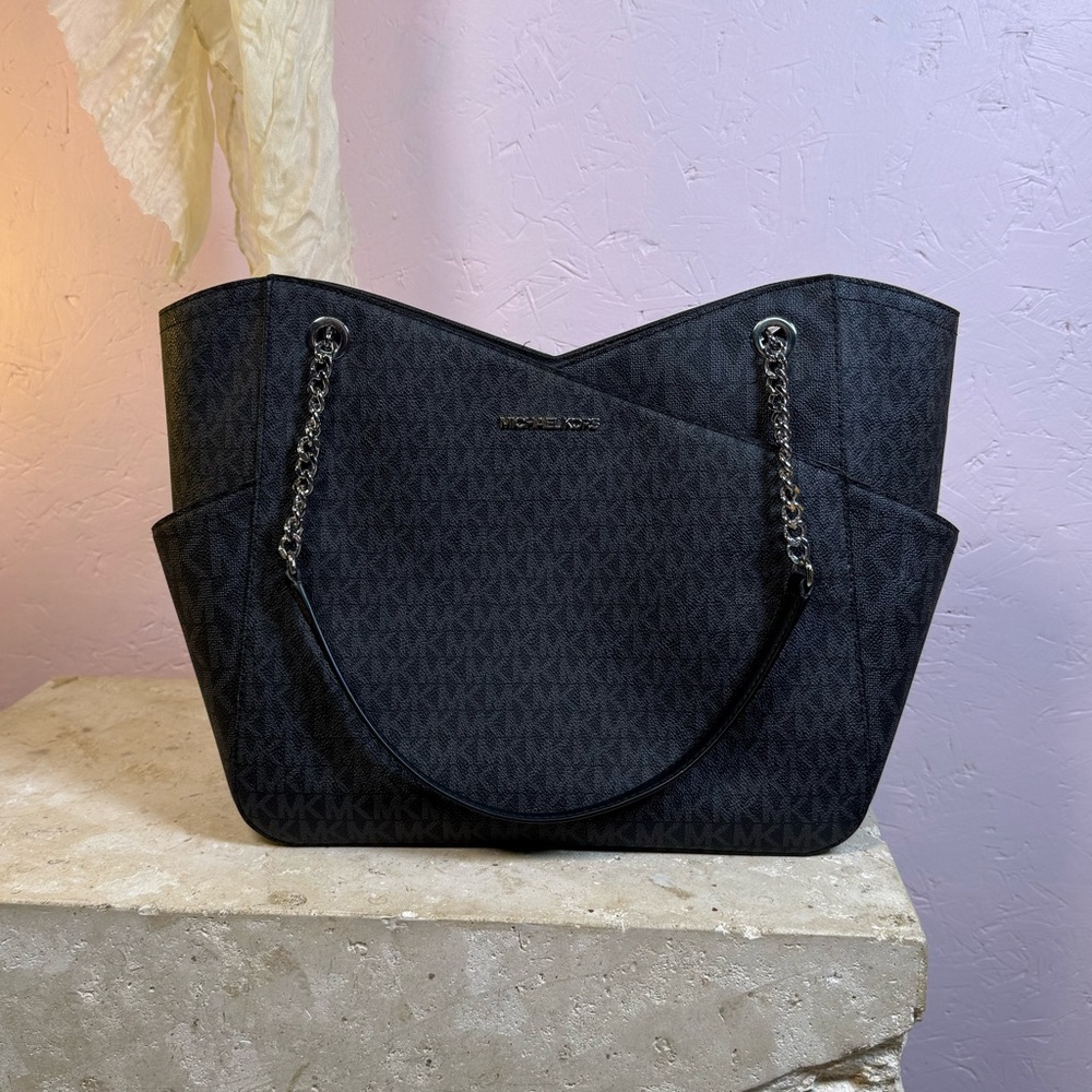 Michael Kors Black MK Logo Tote Bag Chain Strap Shoulder Bag